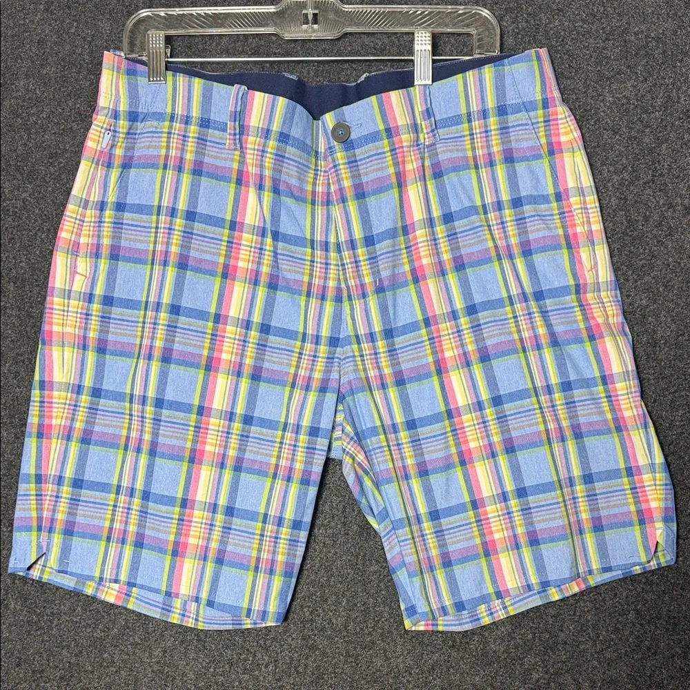 Tommy Bahama Mens Plaid Shorts Blue Pink Yellow 36x9 Marlin Logo Flat Front